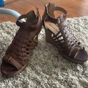Brown leather wedge sandals womens size 8